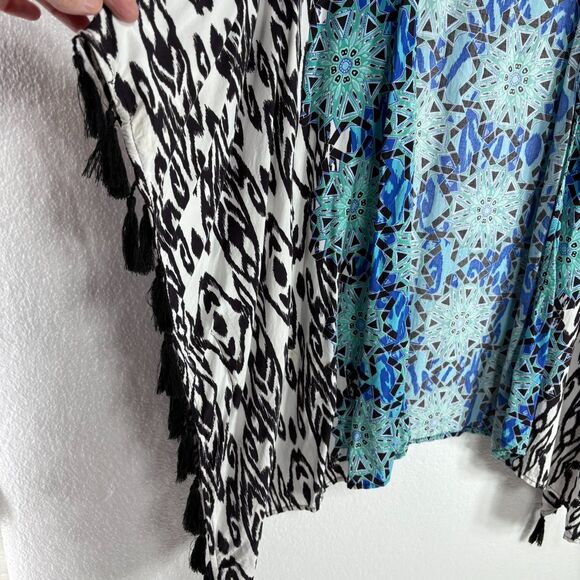 Ruby Rd Womens Size XL Aqua Black White Abstract Shawl Swimsuit Coverup Tassels - Picture 5 of 8